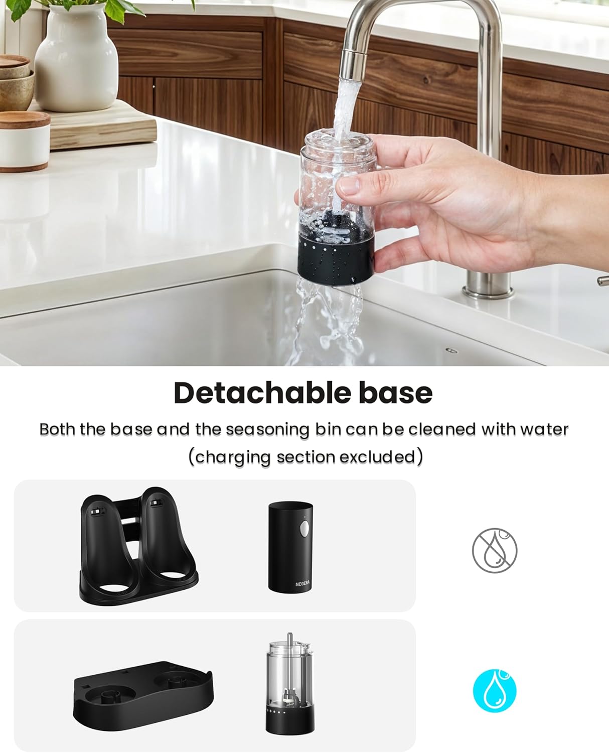 Electric Salt and Pepper Grinder Set with Rechargeable Base - Automatic Refillable Electric Salt and Pepper Shakers with Large Capacity, LED Light & Adjustable Coarseness, Black